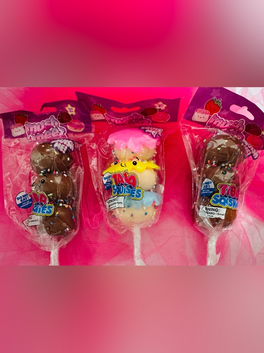 Mushmeez Squishy Trio Lollipop  - Pink, Brown, Cream